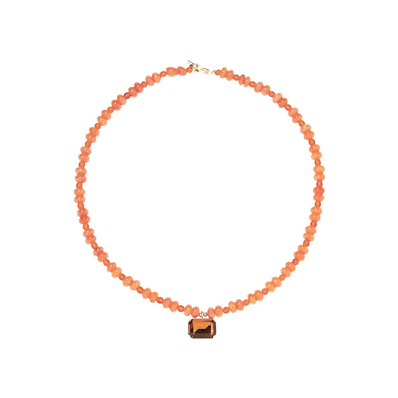 9QW Maillard color orange chalcedony beaded clavicle chain women's high-end trendy cool square translucent pendant necklace