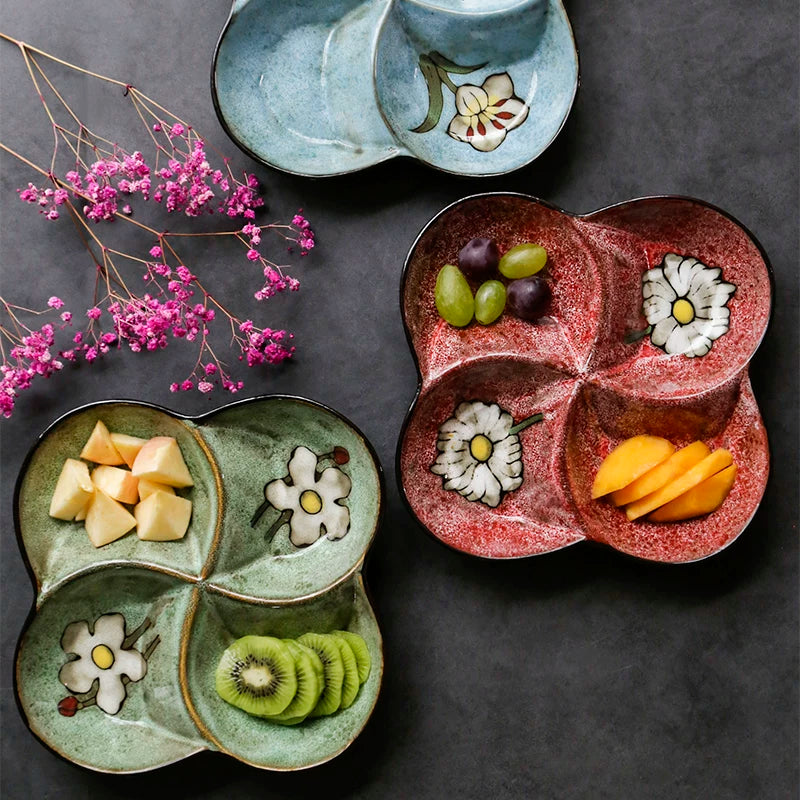 OMK Japanese Ceramic Tableware Compartment Plate Creative Home Four-Compartment Plate Dried Fruit Platter Snack Plate Side Dish Plate