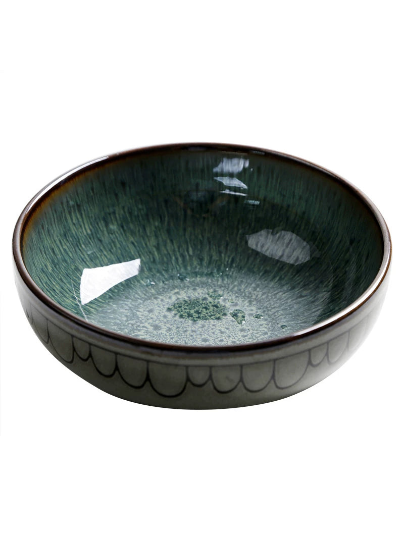 Japanese and Korean Ceramic Bowl Creative Tableware Shallow Bowl Ramen Bowl Household Dish Rice Bowl Vintage Large Salad Bowl Soup Bowl