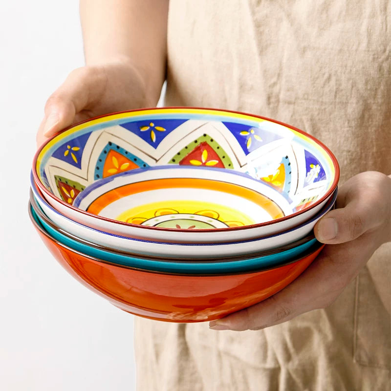 hand-painted bowls, creative shallow bowls, personalized hand-painted tableware, household dessert bowls, fruit salad bowls, ramen bowls, ceramic soup bowls