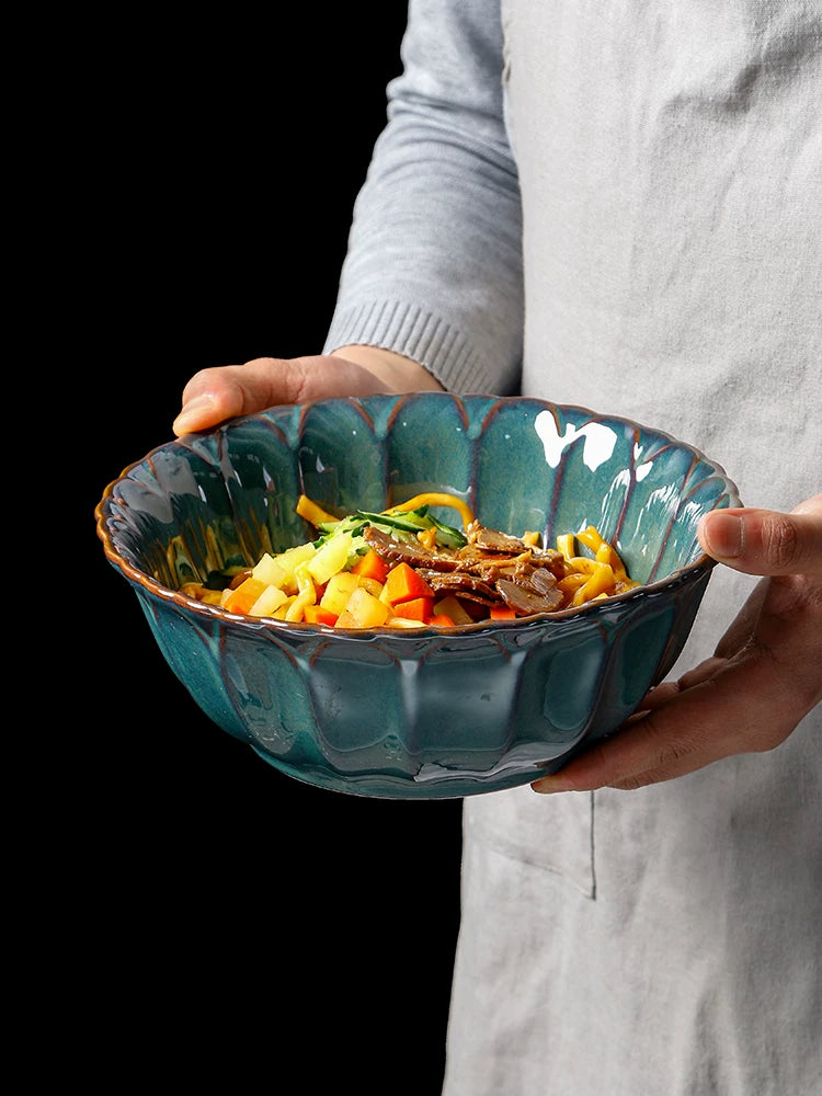European and American fruit salad bowl vintage soup bowl 9 inch household irregular ceramic lace embossed bowl microwaveable