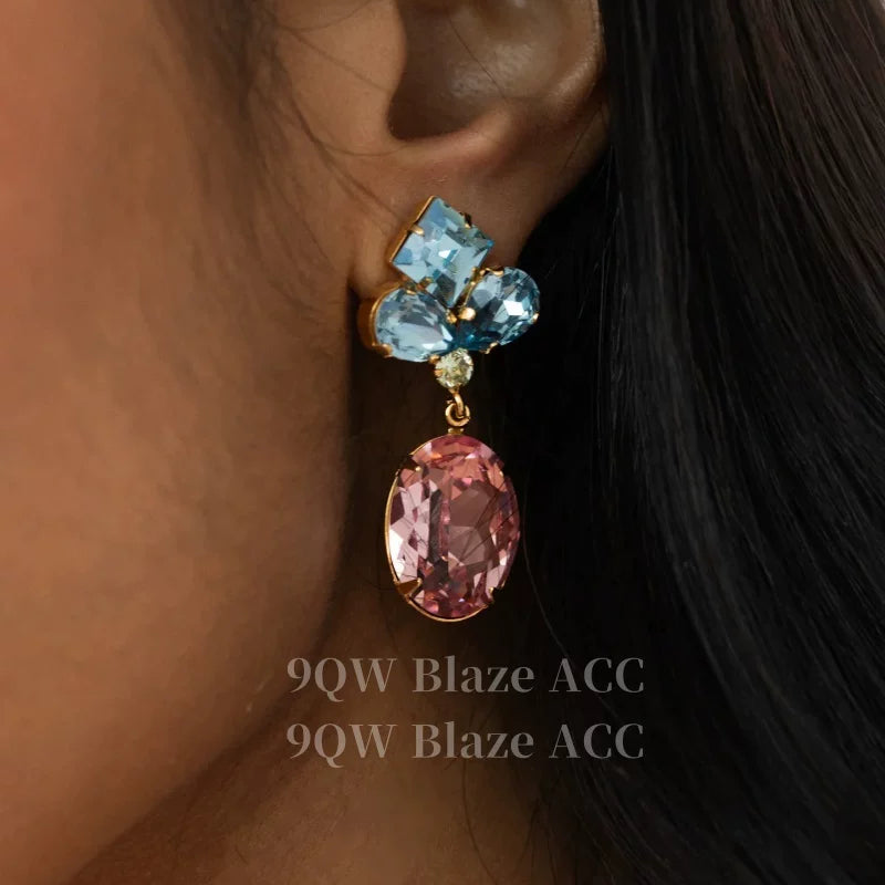 French blue pink contrasting crystal earrings, women's retro light luxury high-end earrings, niche design, face small earrings