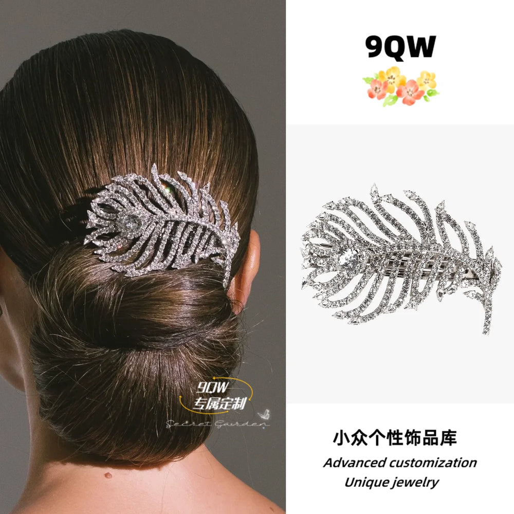 9QW flash light luxury high-end feather headdress, super fairy, high-value high-end hair accessories, elastic clip hairpin on the back of the head