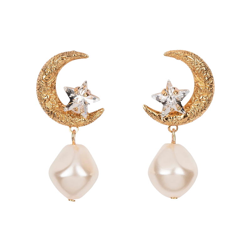 9QW European and American dating atmosphere star moon pearl earrings vintage court style earrings French romantic wear and matching accessories