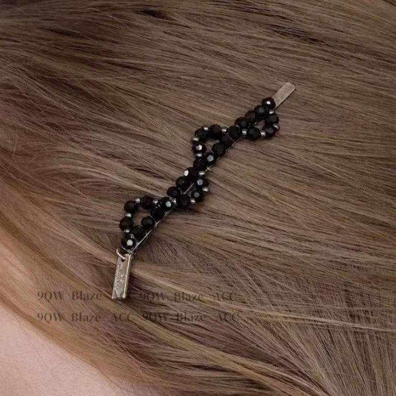 Black crystal wave beaded hairpin niche high-end ins style side clip cool feeling broken hair bang clip clip