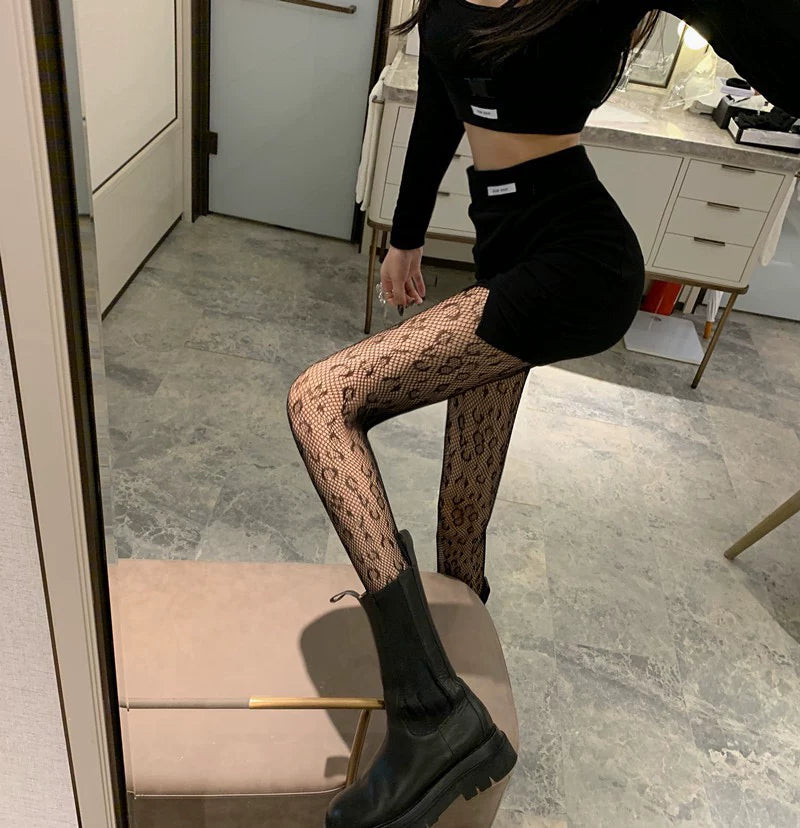 Coco Witch Vintage Leopard Print Jacquard Pantyhose Feminine Slimming Hollow Mesh Socks Black Understock Stockings Stockings