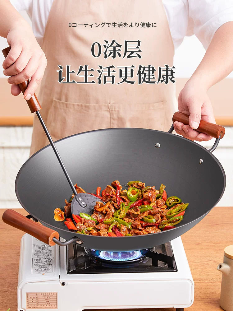 Japanese nitriding process 40cm polar iron amphora wok high purity iron uncoated round bottom household large capacity frying pan