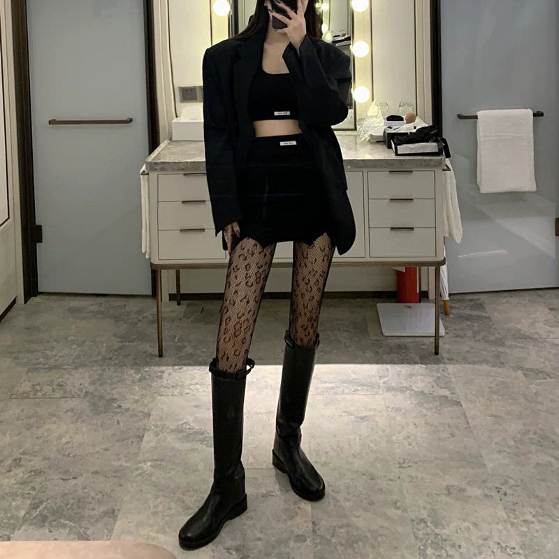 Coco Witch Vintage Leopard Print Jacquard Pantyhose Feminine Slimming Hollow Mesh Socks Black Understock Stockings Stockings