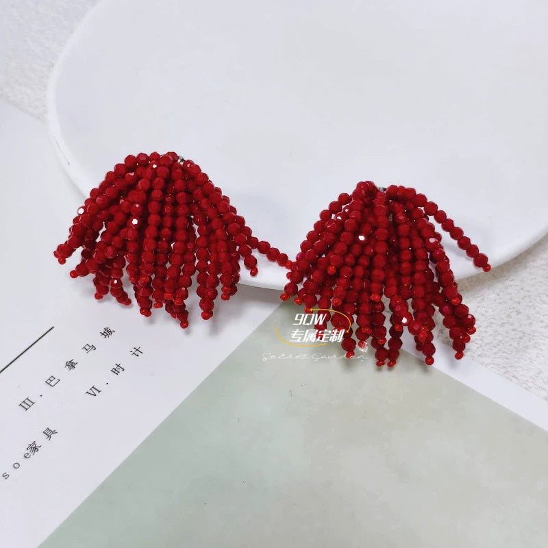 Japanese and Korean French high-end cascading fireworks tassel earrings, women's hand-woven niche designer stud earrings