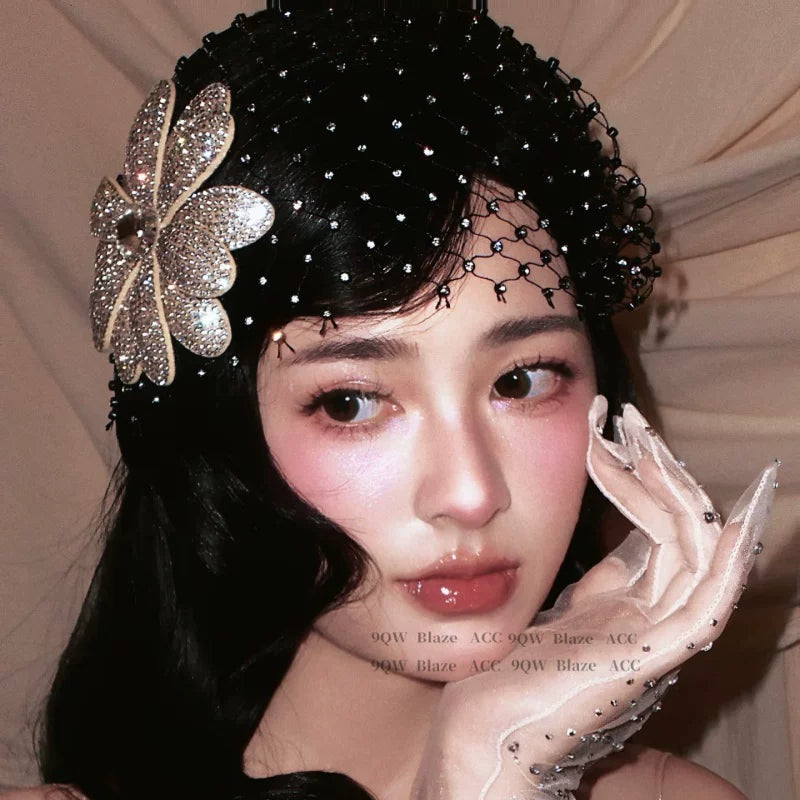 European and American hit Yi Mengling has the same French rhinestone flower mesh high-end birthday style hair accessories and headwear