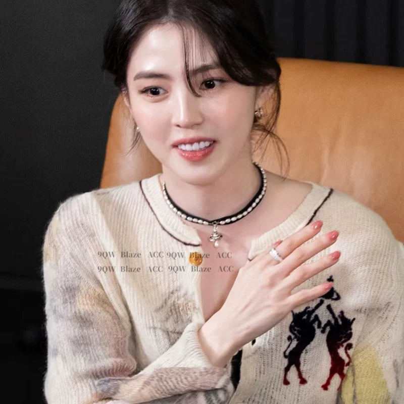 Han So-hee's same light luxury pearl necklace, three-dimensional ribbon, choker, sweet hot girl, collarbone chain, girl group ballet style