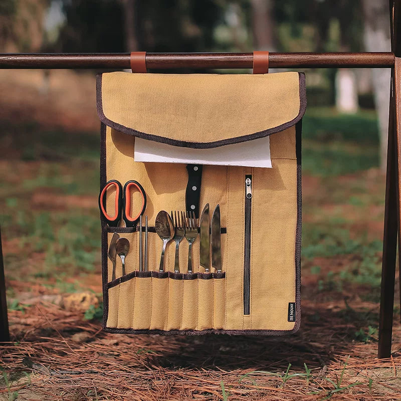 Outdoor Cutlery Storage Bag Portable Hanging Canvas Storage Roll Camping Multifunctional Kitchenware Storage Bag Leather Lanyard