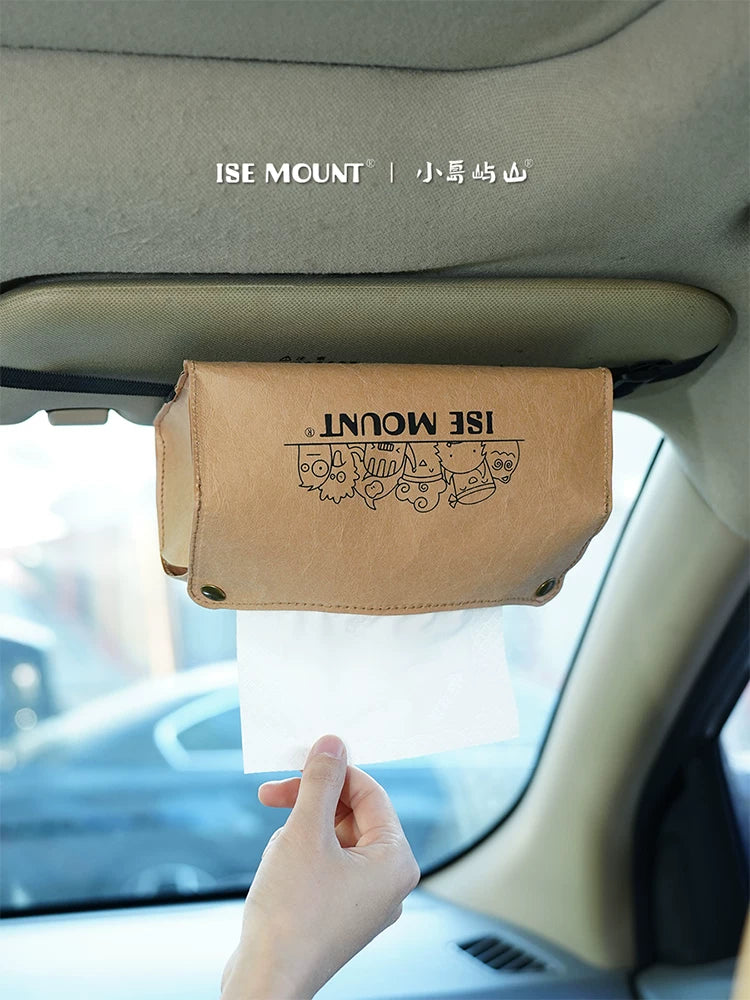 Small island mountain car mount hanging paper bag rear armrest box washable Kraft paper adjustable strap tissue box