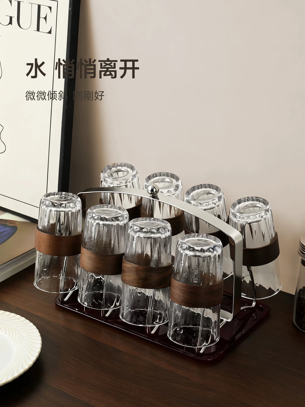 stainless steel cup holder, cup drain rack, dining table, countertop, water cup, coffee tea cup, storage rack, sideboard, storage rack