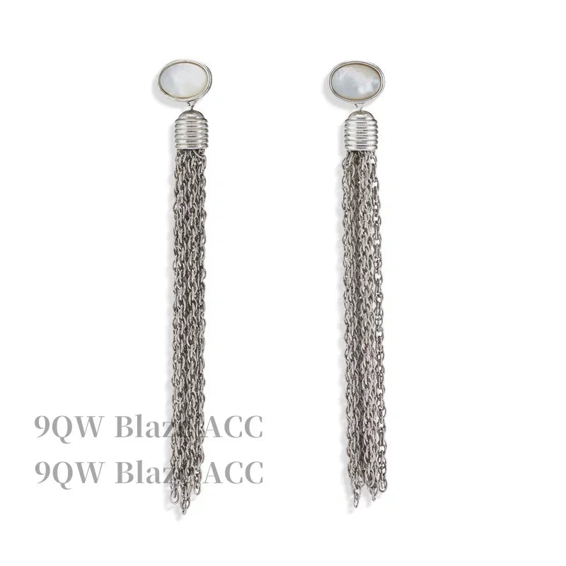 Metal, natural shell, inlaid tassel earrings, showing face, small square and round face, silver temperament, versatile, high-end sense female niche