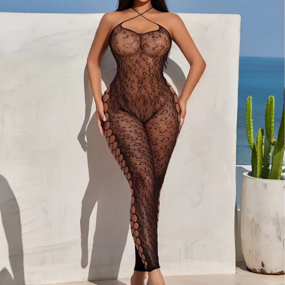 Cocoa witch, European and American pop, see-through, sexy cut-out halterneck, black silk, open back, open crotch, plastic shape, temptation, net clothes