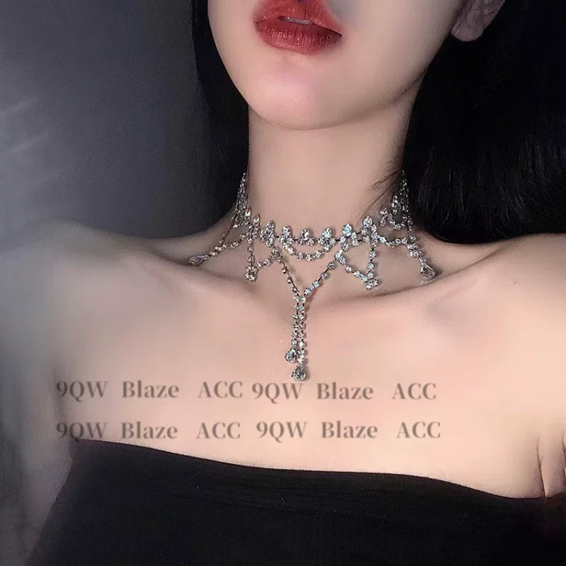 Sarah's authentic life, Shin Hye-sun's same fringed rhinestone necklace, light luxury, high-end choker collarbone chain