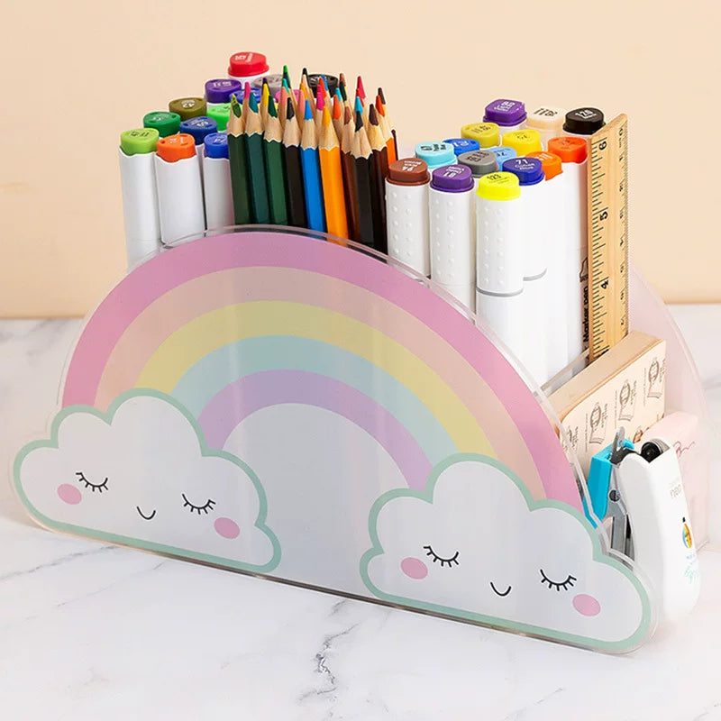 INS style cute rainbow pen holder storage box, high-value acrylic stationery miscellaneous storage bucket barrel, large capacity student multi-functional stationery shelf pen holder