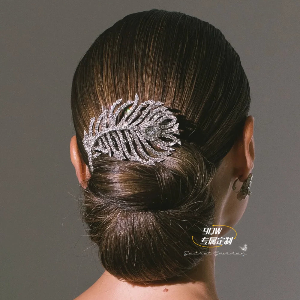 9QW flash light luxury high-end feather headdress, super fairy, high-value high-end hair accessories, elastic clip hairpin on the back of the head