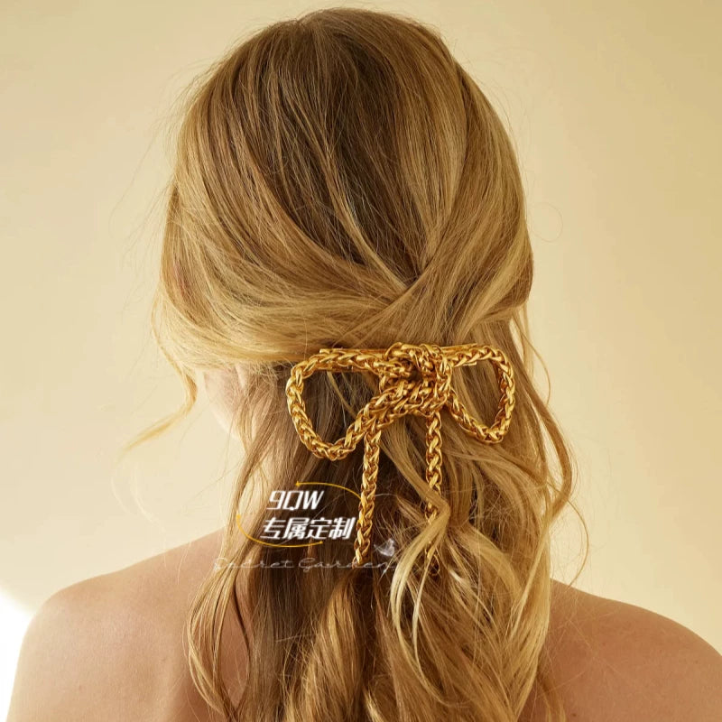 9QW French high-end woven chain bow hairpin elastic clip high-end sense personalized simple hair accessory headwear