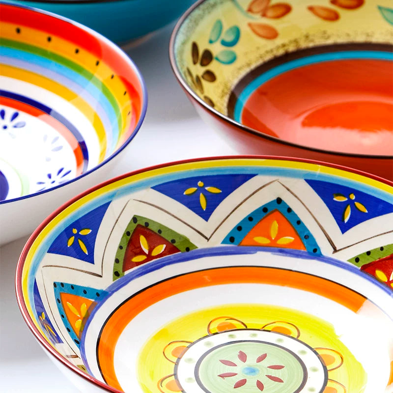 hand-painted bowls, creative shallow bowls, personalized hand-painted tableware, household dessert bowls, fruit salad bowls, ramen bowls, ceramic soup bowls