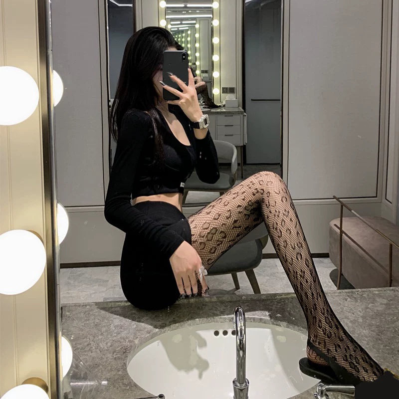 Coco Witch Vintage Leopard Print Jacquard Pantyhose Feminine Slimming Hollow Mesh Socks Black Understock Stockings Stockings