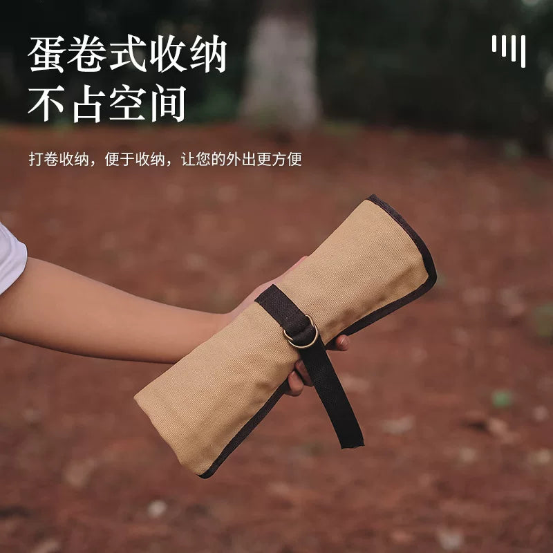 Outdoor Cutlery Storage Bag Portable Hanging Canvas Storage Roll Camping Multifunctional Kitchenware Storage Bag Leather Lanyard