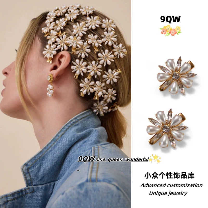 9QW homemade ins spring and summer new pearl flower hairpin women's high-end bangs clip side clip headdress hair accessories