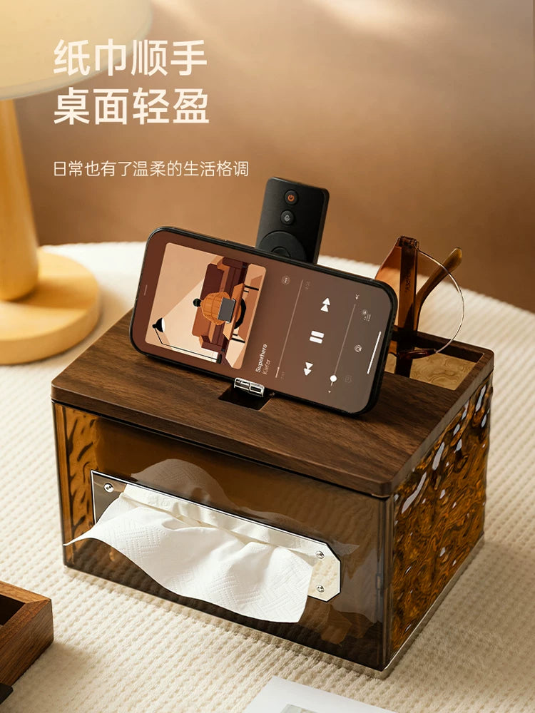 Tissue box, living room desktop paper box, home coffee table, multi-function remote control storage paper drawer box, light luxury and high-end