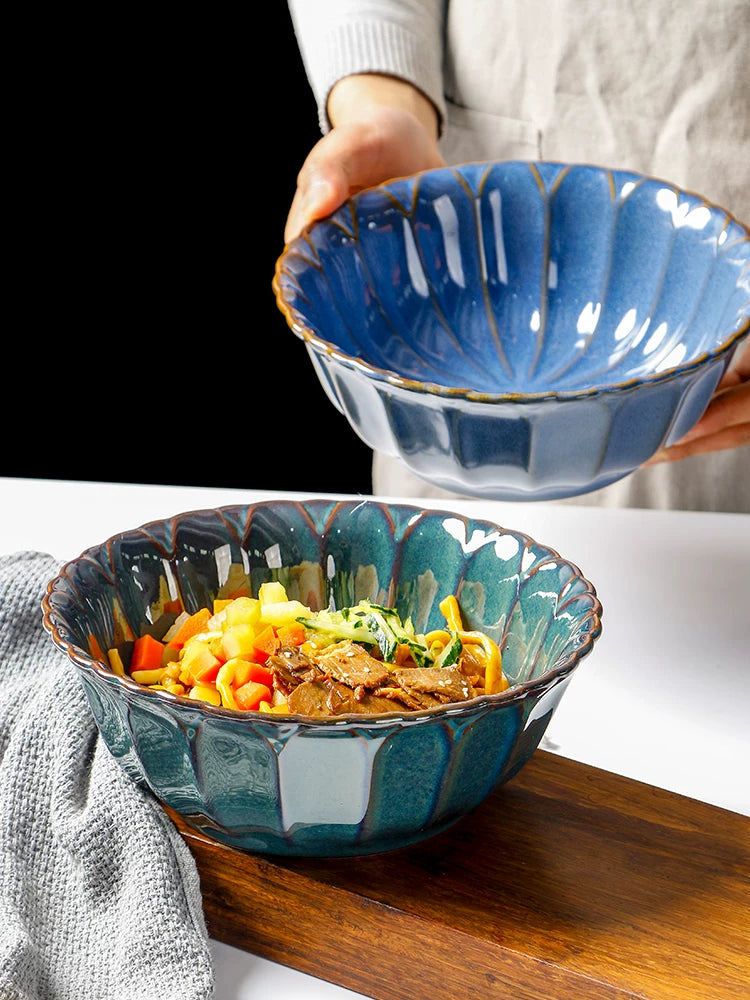 European and American fruit salad bowl vintage soup bowl 9 inch household irregular ceramic lace embossed bowl microwaveable