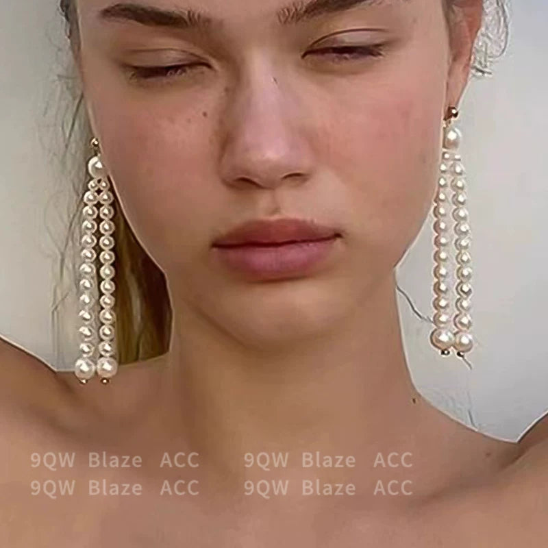 9QW double-sided pearl beaded tassel long 925 silver needle draped earrings women's temperament European and American earring jewelry trend