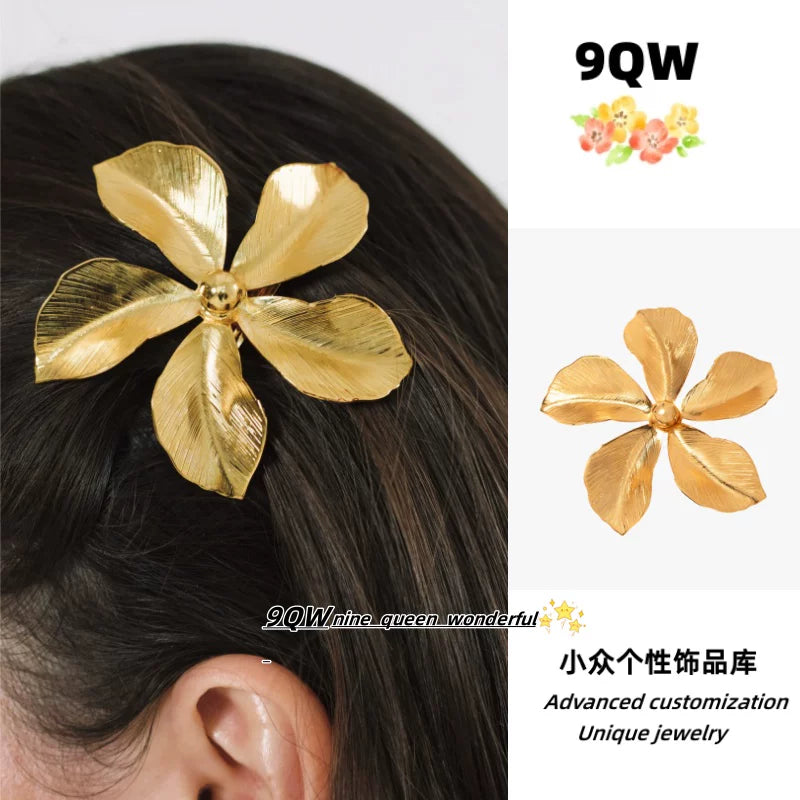 9QW homemade French temperament metal style duckbill flower hairpin gentle and high-end sense fresh side clip bangs clip