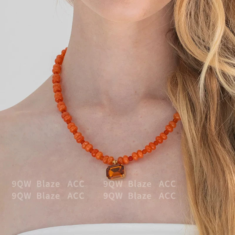 9QW Maillard color orange chalcedony beaded clavicle chain women's high-end trendy cool square translucent pendant necklace