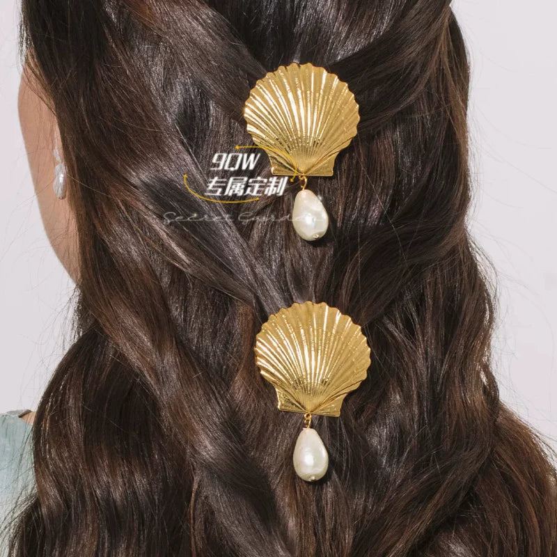 9QW European and American seaside resort style shell pearl hairpin duckbill clip shape versatile high-end hair accessories bangs clip