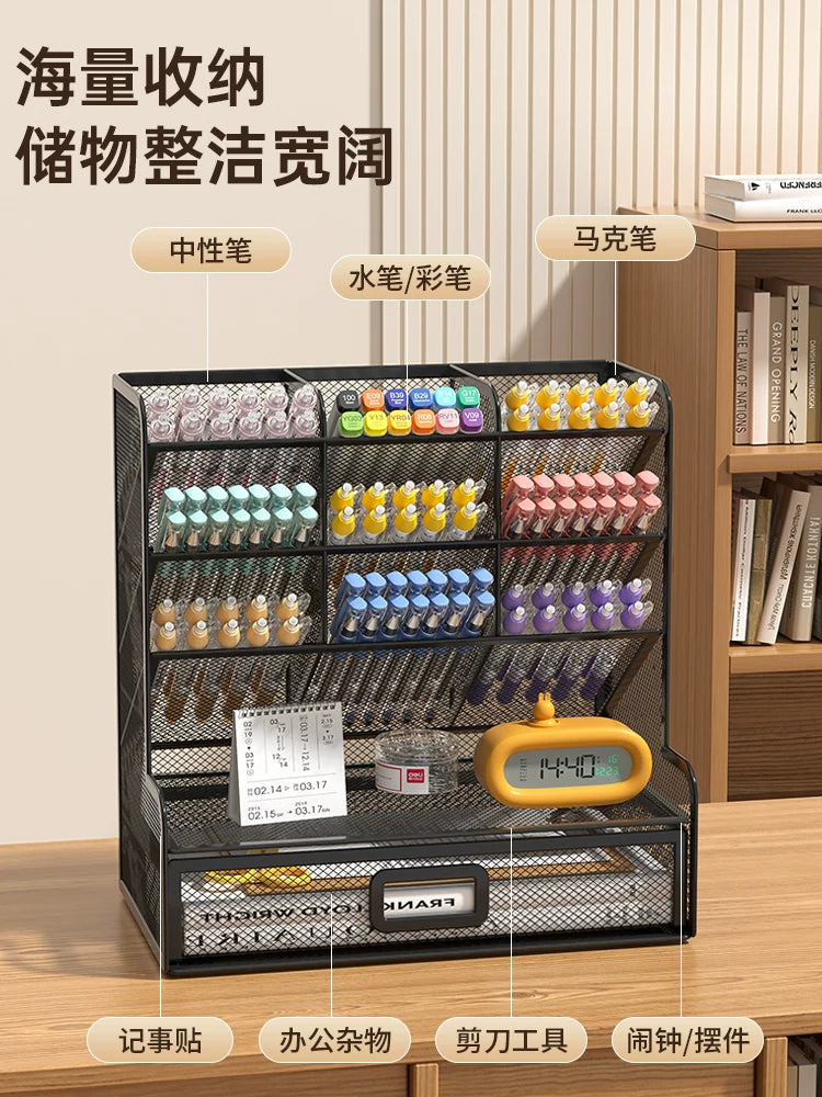 Diagonal insert metal pen holder storage box, office desktop storage, integrated creative shelf, children's boy and girl pen barrel, student pen holder, multi-functional pen table, finishing artifact, drawer type