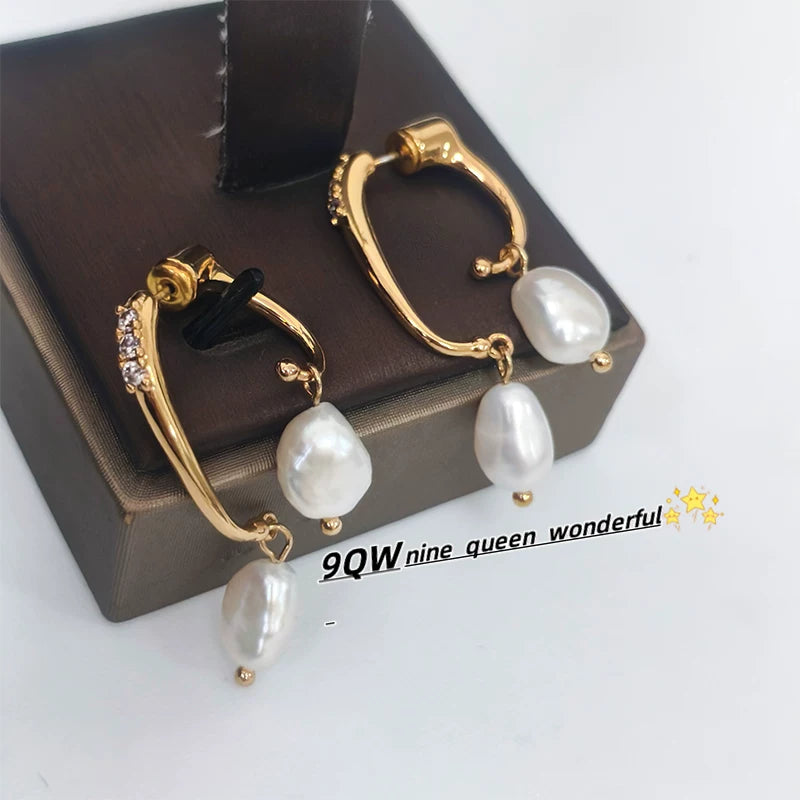 9QW French niche design, light luxury, high-end, natural freshwater pearl earrings, Internet celebrity explosive temperament, earrings, women