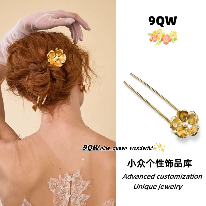 9QW homemade European and American French ins lazy wind metal flower hairpin female high-end sense niche daily updo hairpin
