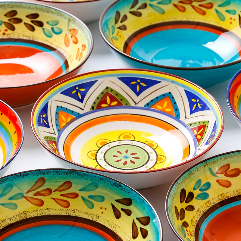 hand-painted bowls, creative shallow bowls, personalized hand-painted tableware, household dessert bowls, fruit salad bowls, ramen bowls, ceramic soup bowls