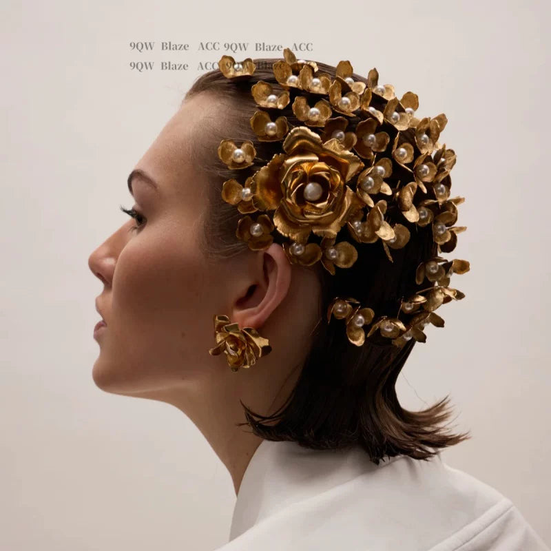 Vintage brushed gold flower pearl hairpin, new Chinese U-shaped hairpin, daily versatile, commuter updo, artifact hair accessories
