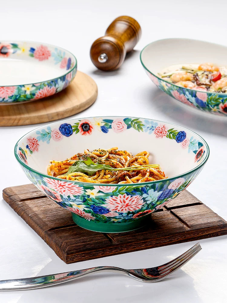 Light luxury retro flower art ceramic bowl household high value 8 inch powder salad bowl ins style tableware