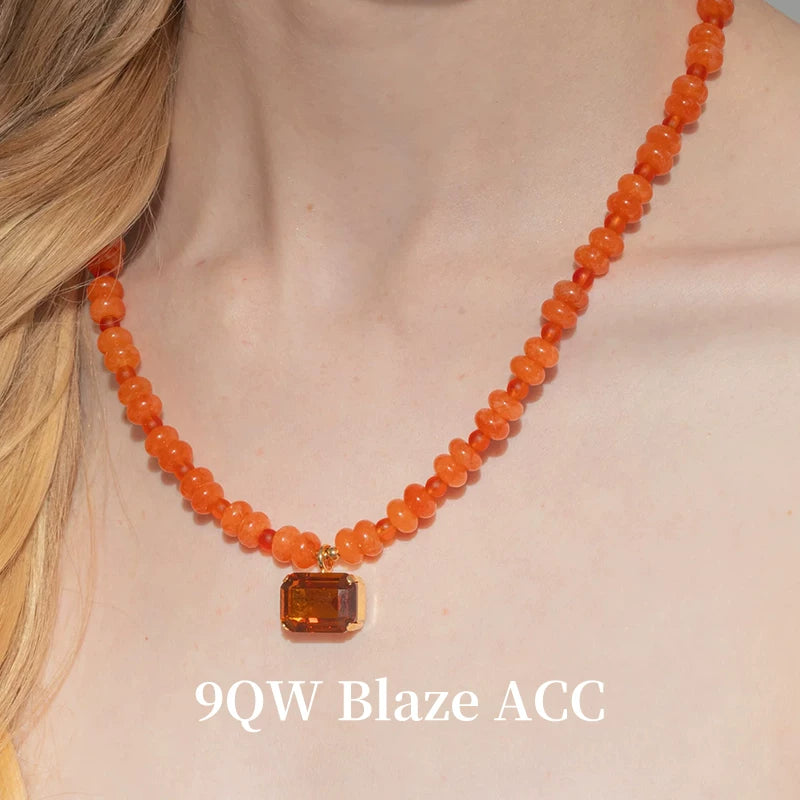 9QW Maillard color orange chalcedony beaded clavicle chain women's high-end trendy cool square translucent pendant necklace