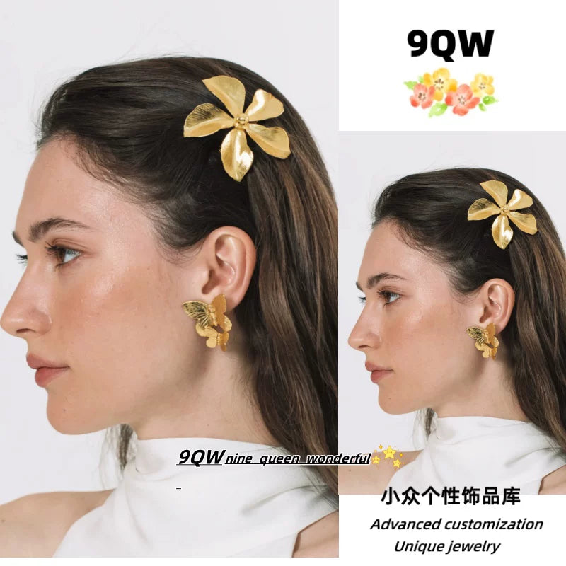 9QW homemade French temperament metal style duckbill flower hairpin gentle and high-end sense fresh side clip bangs clip