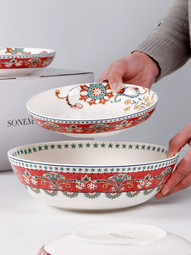 Creative Salad Bowl Plate Set Red Ceramic Tableware Household Large Soup Bowl Deep Vegetable Plate Combo Export Original