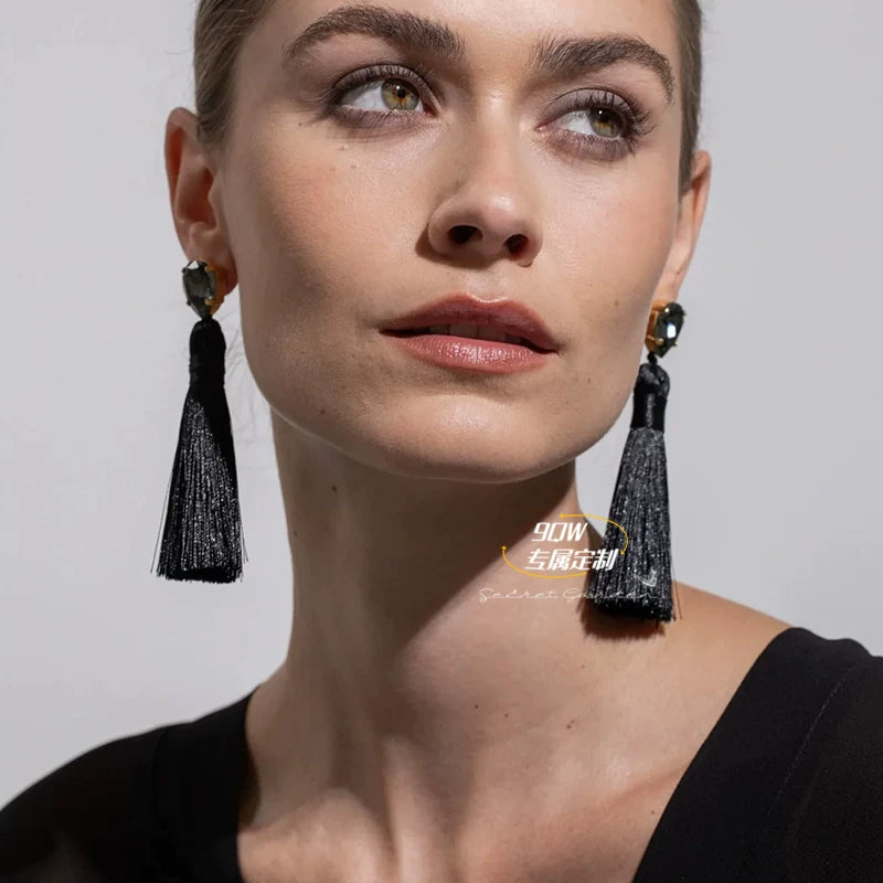 9QW self-made long tassel earrings, light luxury, high-end sense aura, strong high and cold, royal sister style, face and fashionable earrings