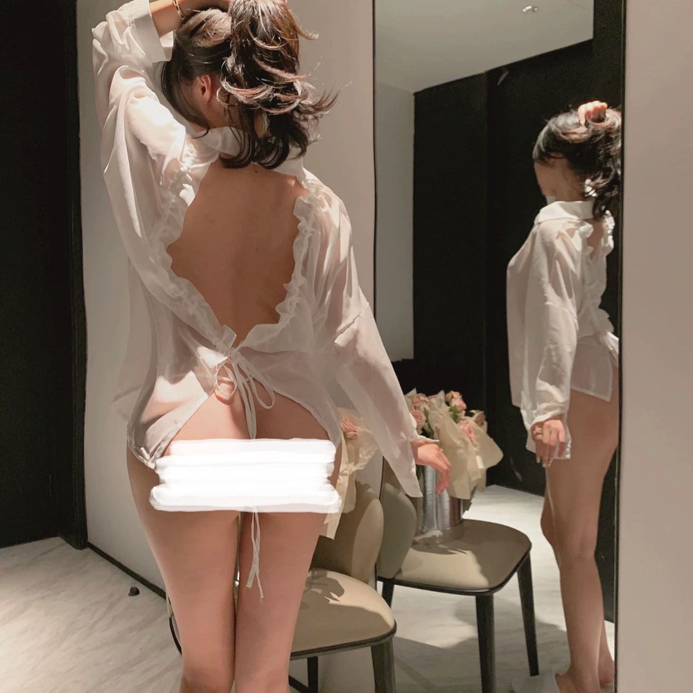 Coco Witch, Sexy Boyfriend Shirt, V-Neck, Thin Sheer, Backless, Contrasting Nightdress, Pure Desire, Free from Scheming