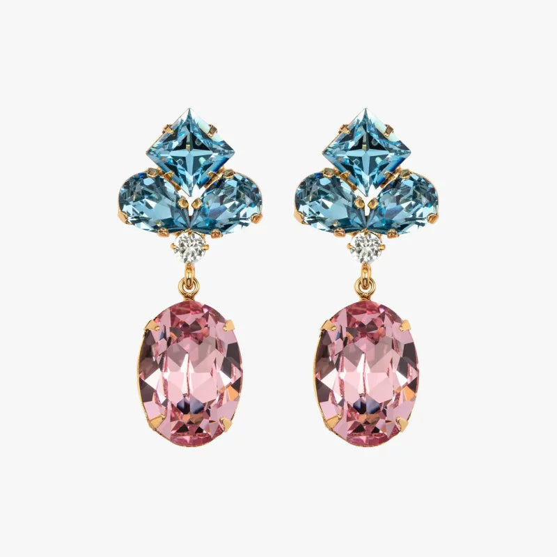 French blue pink contrasting crystal earrings, women's retro light luxury high-end earrings, niche design, face small earrings