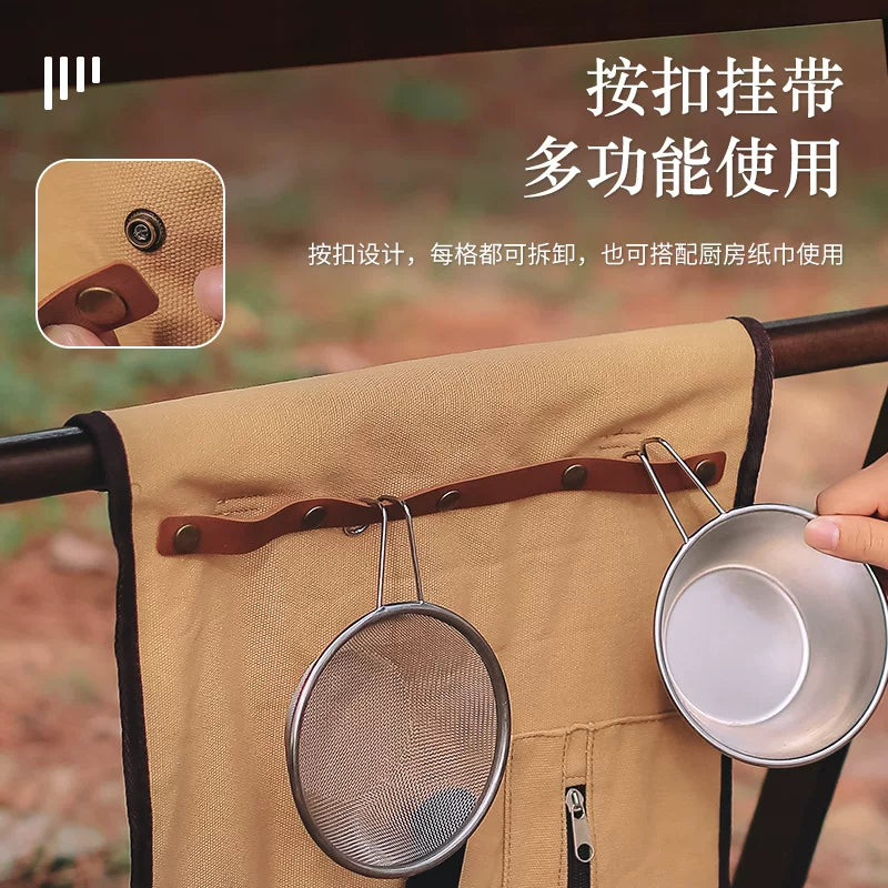 Outdoor Cutlery Storage Bag Portable Hanging Canvas Storage Roll Camping Multifunctional Kitchenware Storage Bag Leather Lanyard