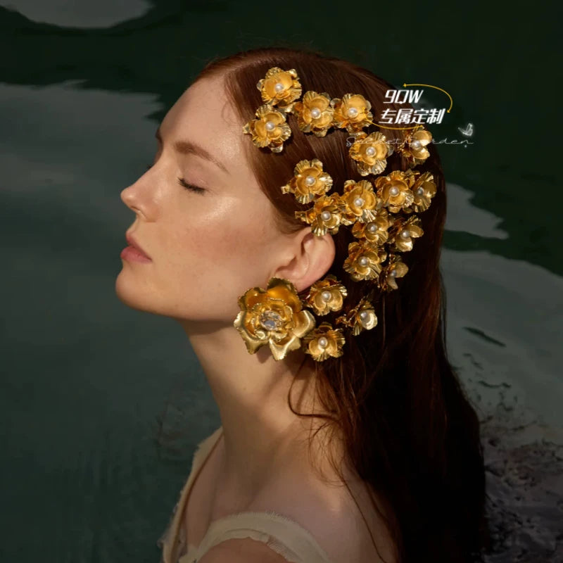 9QW European and American bloggers ins retro style personalized three-dimensional flower hairpin bangs clip niche high-end hair accessories and headdresses