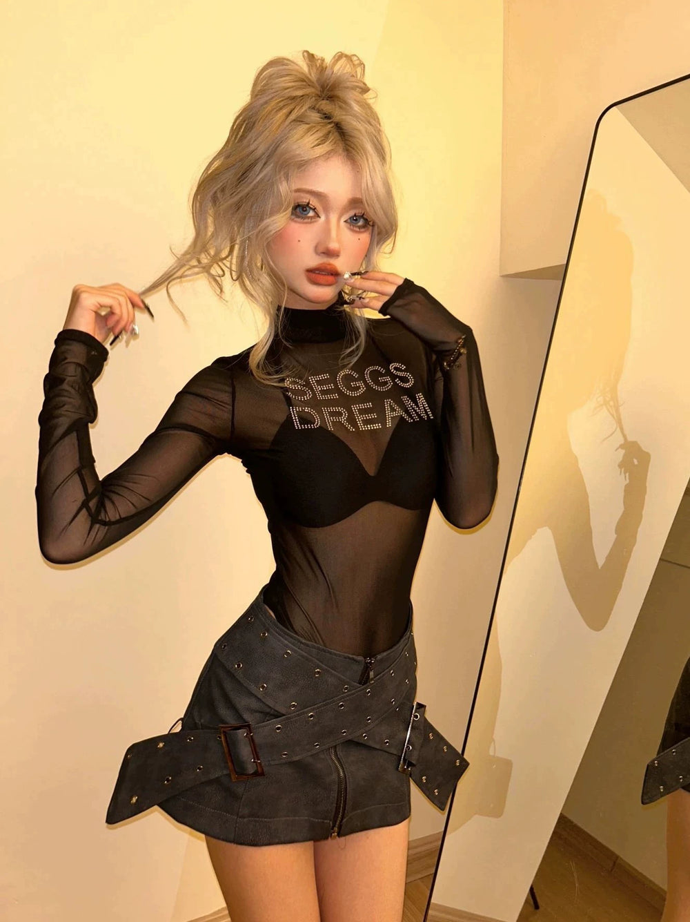 Coco witch sexy hot slim set diamond long sleeve mesh see-through pure desire hot girl base fashion one-piece girl