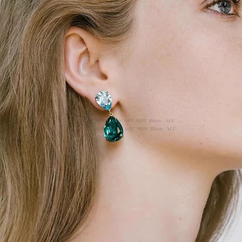 Reba's same French contrasting water drop gemstone earrings light luxury sea blue high transparent earrings show the face small long stud earrings for women